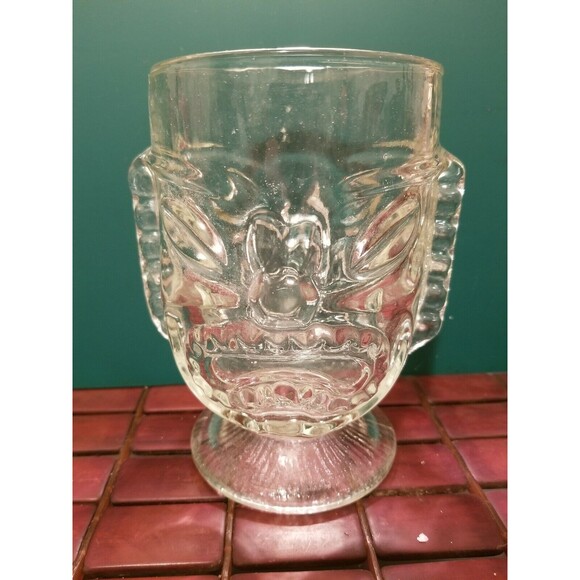 Vintage Tall Clear Glass Two Faced Happy/Angry Tiki Mug Goblet - Picture 1 of 3